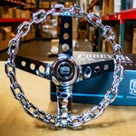11 Inch Chrome Chain Steering Wheel With Cutout Spokes And Horn Button -3 Hole. Fixed Price $99.95.