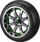 4 205/35R15 Radial Tires On 15" Black/machined Revenge Wheels W/green Inserts. Fixed Price $719.00.